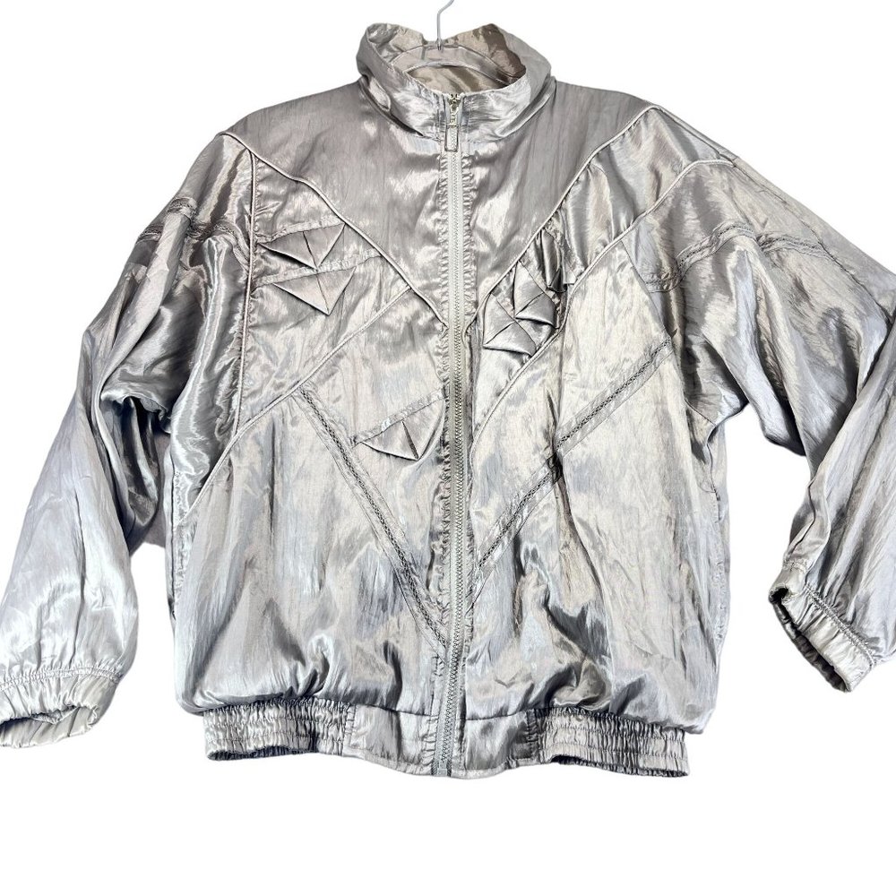 Vintage GREAT CAVALIER Womens M Metallic Silver Windbreaker 80s Pockets Retro